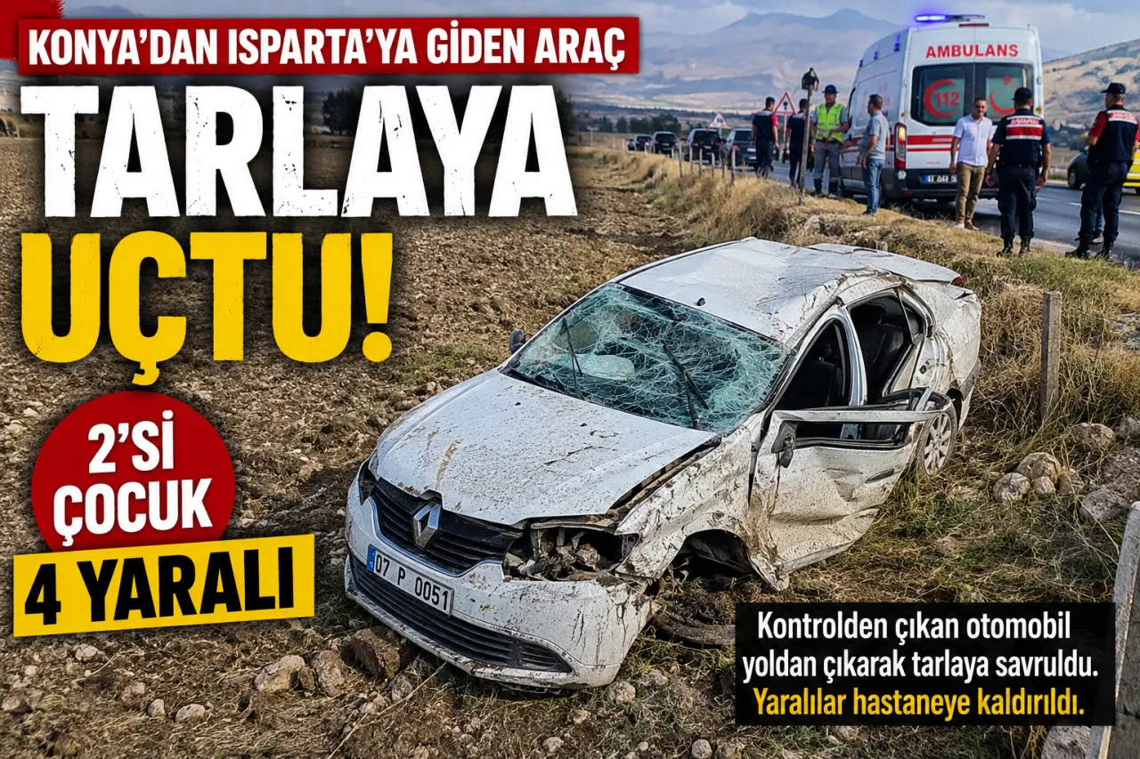 Konya’dan Isparta’ya Giden Otomobil Tarlaya Uçtu: 2’si Çocuk 4 Yaralı