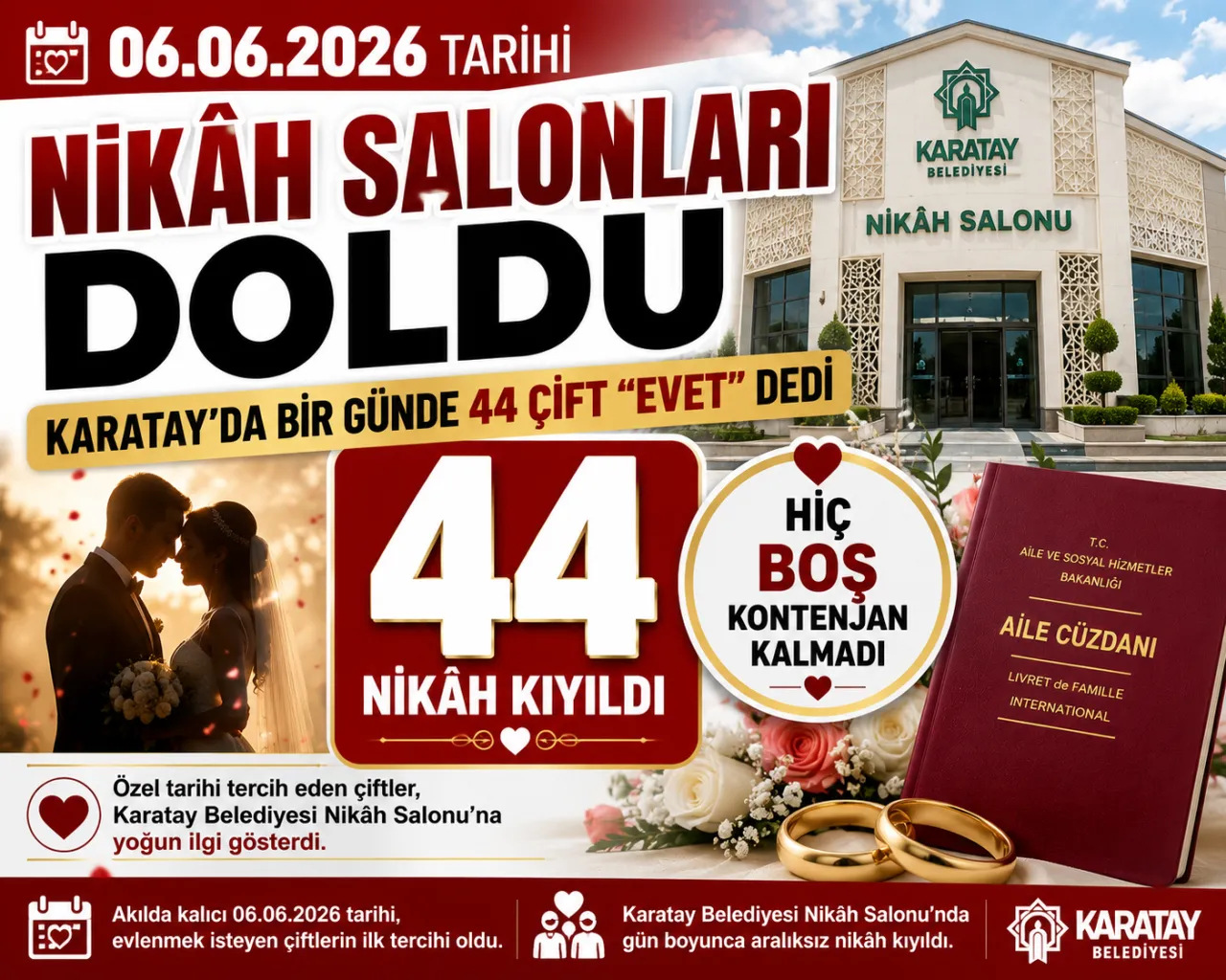 06.06.2026 Tarihi Nikâh Salonlarını Doldurdu: Karatay Belediyesinde Bir Günde 44 Çift "Evet" Dedi