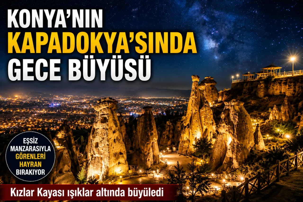 Konya'nın Kapadokya'sı olarak bilinen Kızlar Kayası gece manzarasıyla dikkat çekiyor