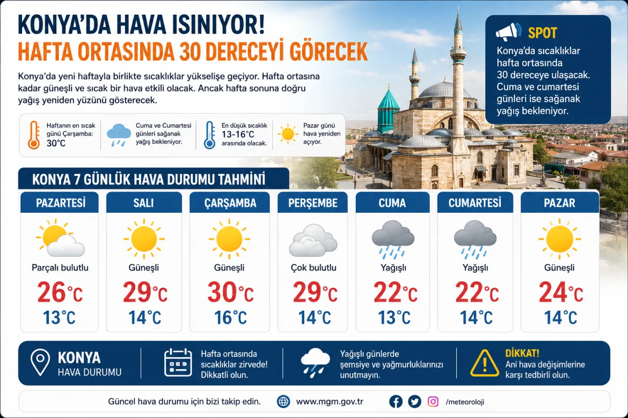 Konya'da Hava Isınıyor! Hafta Ortasında Termometreler 30 Dereceyi Görecek