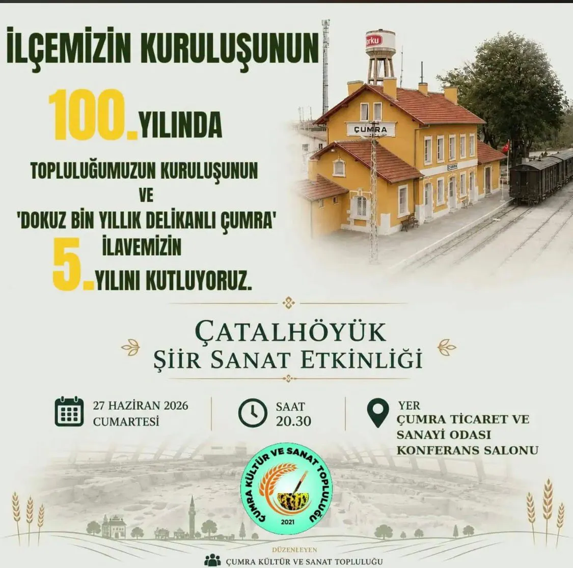 Çumra’da Çatalhöyük Şiir Sanat Etkinliği Düzenlenecek