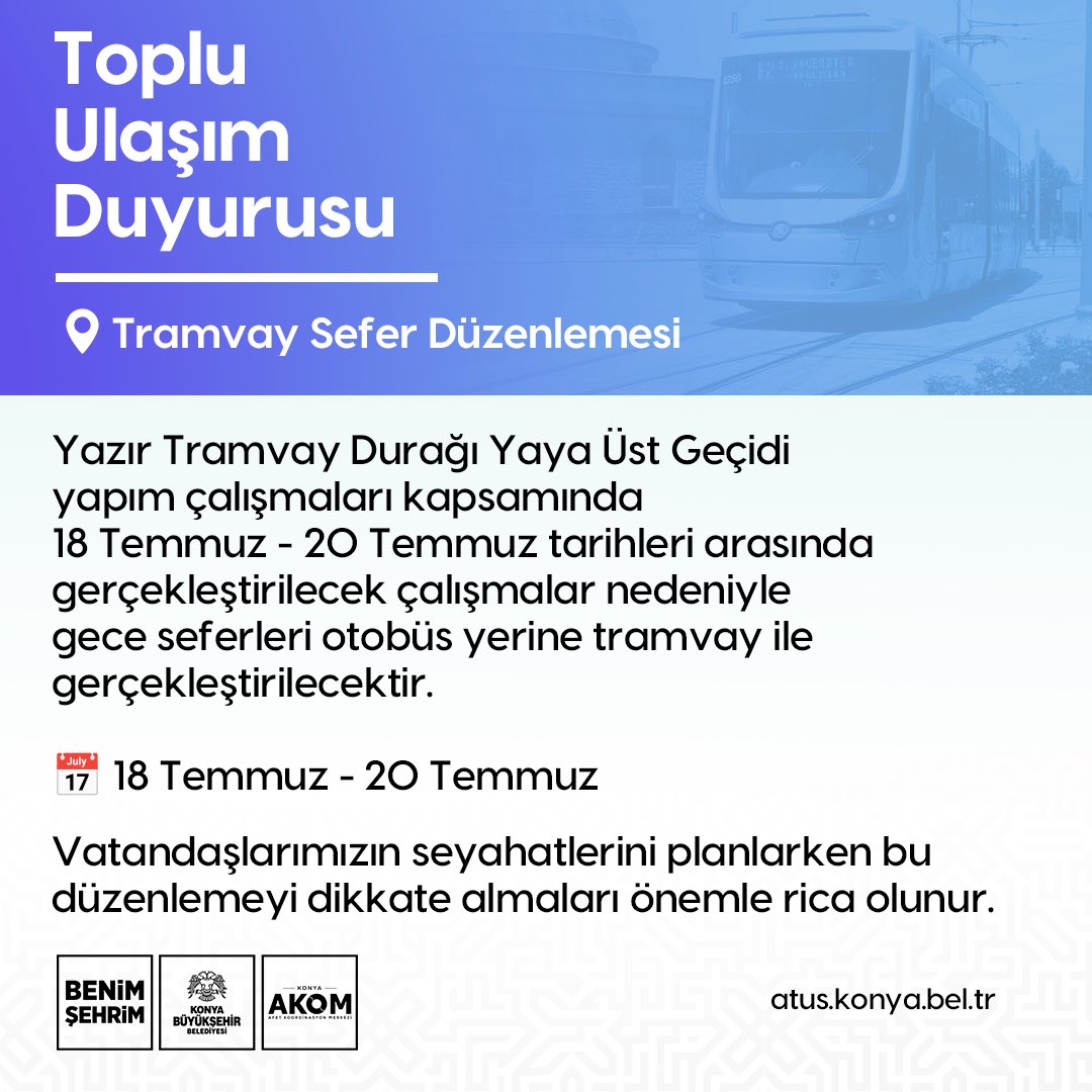 Konya'da Yazır Üst Geçit Çalışması Nedeniyle Tramvay Seferleri Geçici Olarak Düzenlendi haber fotoğrafı