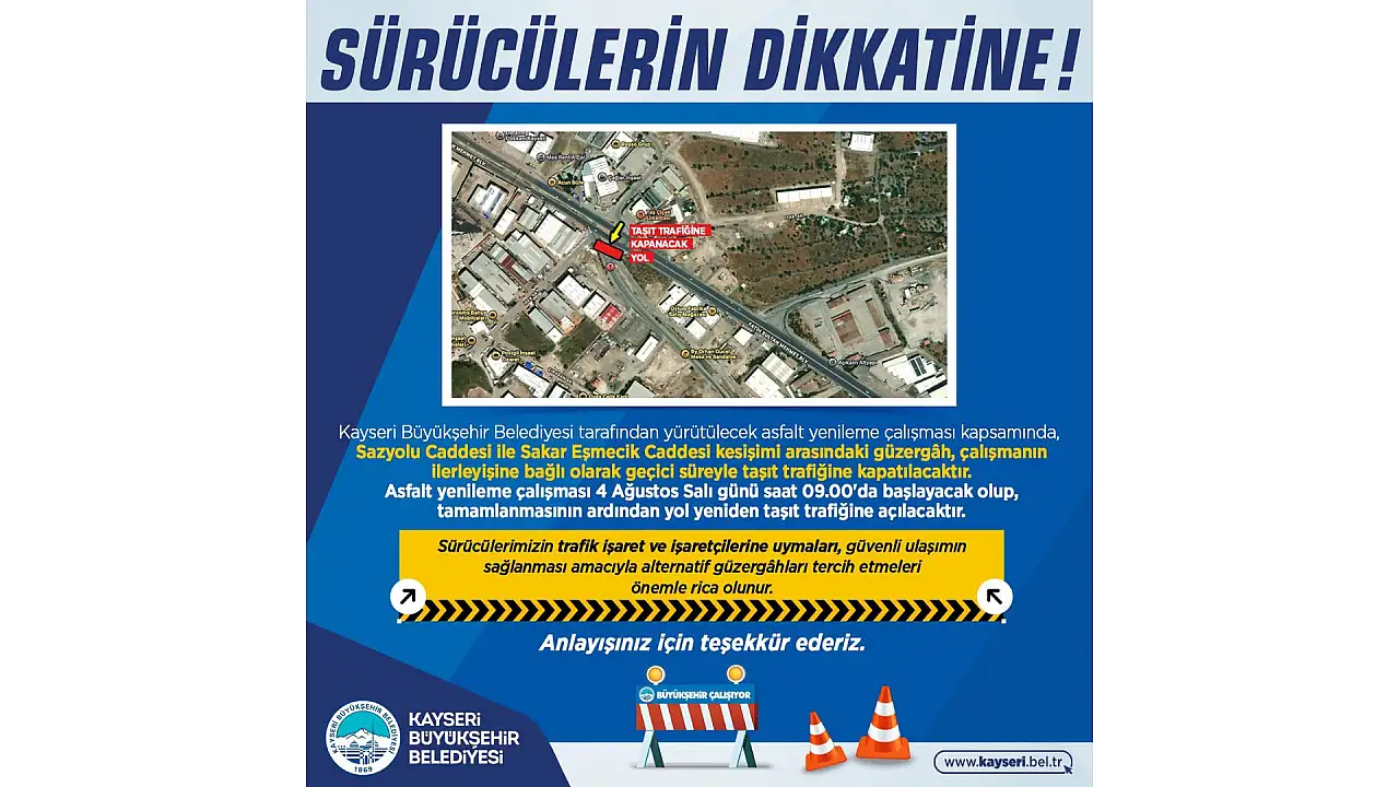 Kayseri'de iki cadde asfalt çalışması nedeniyle yarın trafiğe kapatılacak haber fotoğrafı